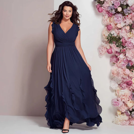 Flycurvy Plus Size Wedding Guest Navy Blue Chiffon Wrap Ruffle Sleeve And Hem Maxi Dress