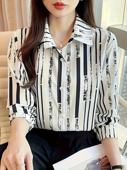 Women'S Casual Striped Shirt, Button-Up Design, Made Of, Suitable for Spring, Summer, And Autumn Casual Or Formal Wear | Classic Lapel Fashion Button-Up, Elegant Women'S Shirt, Beautiful Women'S Shirt, Autumn Women'S Top Trend, Women'S Clothing