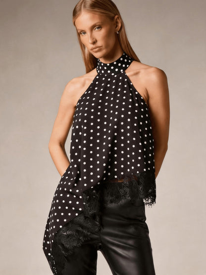 Irregular Patchwork Lace Neckline Halter Top, Women's Elegant Vest