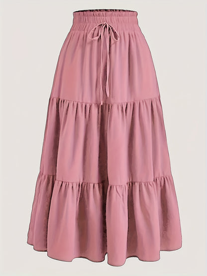 Women's Olive Green Pleated Midi Skirt - Lightweight Adjustable Drawstring Waist, Hand Washable Spring/Summer Elegant Solid Color Skirt for Casual & Formal Outfits, Casual Attire, Nontransparent Fabric, Spring Fashion, Classic Style, Breathable Material,