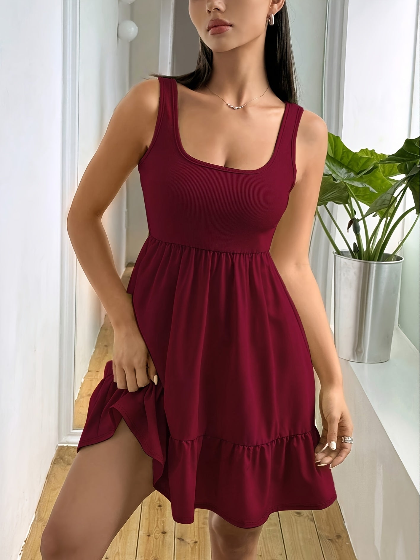 Women's Ruffled Lychee Leaf Boat Neck/Off-Shoulder Dress - Mermaid Top & Flowy Beach Resort Dress, Machine Washable Solid Color All-Season Wedding Guest Vacation Gown