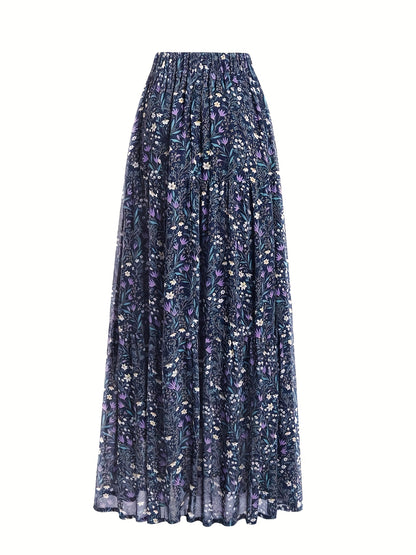 Elegant High-Waisted Floral Chiffon Midi Skirt, Loose And A-Line Chiffon Skirt