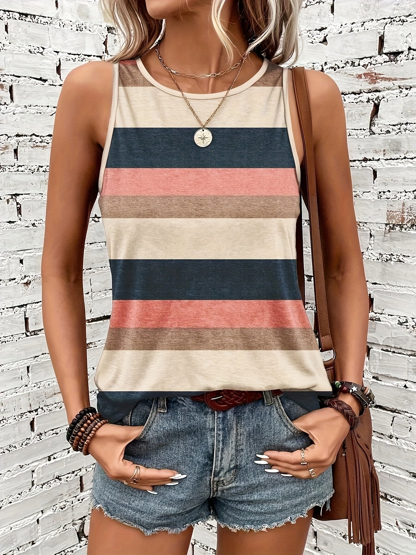 Summer Women'S Base Layer Versatile Striped Women'S Short Sleeve T-Shirt Tank Top Round Neck