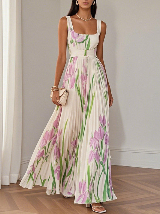 Ellie | White Pleated Floral Maxi Dress