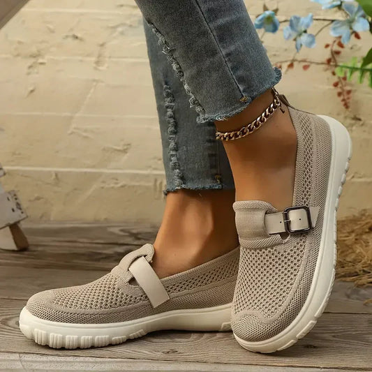 Comfortable Loafers for Women with Breathable Knit Upper Buckle Detail Slip On Flat Style
