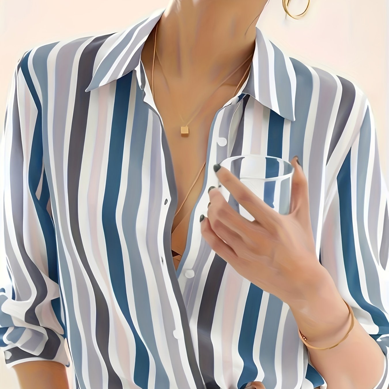 Women'S Casual Striped Shirt, Button-Up Design, Made Of, Suitable for Spring, Summer, And Autumn Casual Or Formal Wear | Classic Lapel Fashion Button-Up, Elegant Women'S Shirt, Beautiful Women'S Shirt, Autumn Women'S Top Trend, Women'S Clothing