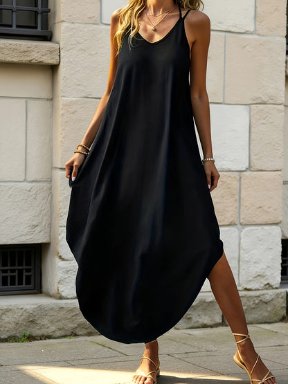 Women's Dress, Fashionable Elegant Casual Simple Solid Color Curved Hem Dress, Double Spaghetti Strap Design, Long Women's Dress, Suitable for Vacation, Dates, Commuting, Leisure Moments, Daily Wear, Women's A-line Dress for Spring, Summer, and