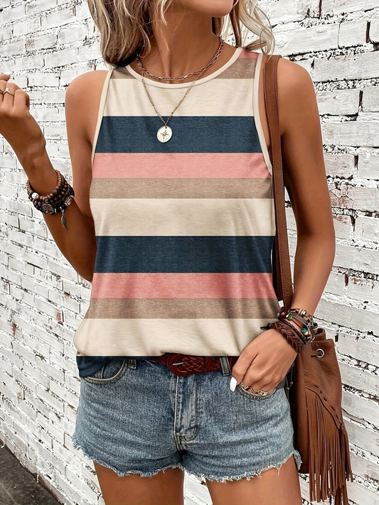 Summer Women'S Base Layer Versatile Striped Women'S Short Sleeve T-Shirt Tank Top Round Neck