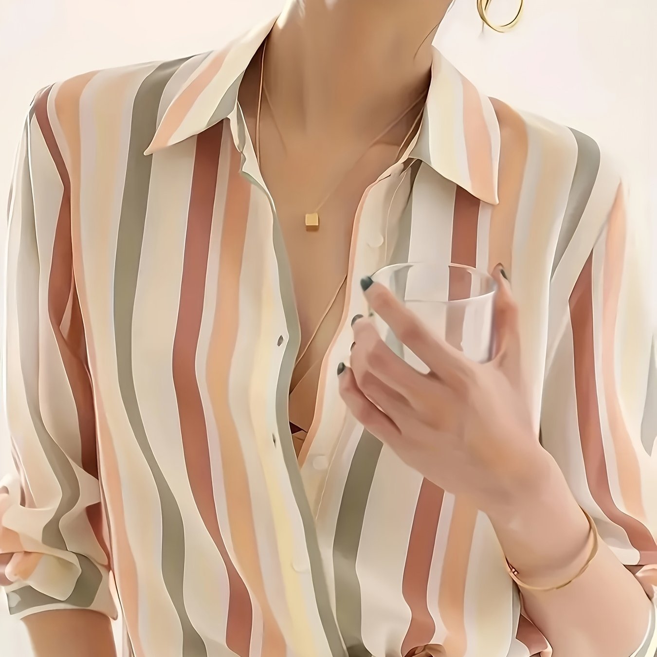 Women'S Casual Striped Shirt, Button-Up Design, Made Of, Suitable for Spring, Summer, And Autumn Casual Or Formal Wear | Classic Lapel Fashion Button-Up, Elegant Women'S Shirt, Beautiful Women'S Shirt, Autumn Women'S Top Trend, Women'S Clothing