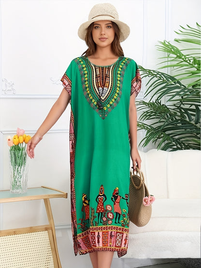 Ethnic Style Dress Summer New Bohemian Style Vacation Batwing Sleeve Dress Loose Beach Dress