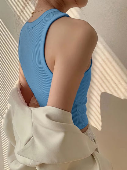 Women's Elegant Casual Ribbed Tank Top - Sleeveless Boat Neck Summer Top with Moderate Stretch, Solid Color Versatile Wear for Casual or Formal Outfits, Ladies Tank Tops, Warm Weather Outfit, Ribbed Texture, Stretchy Fabric, Stylish Ladies