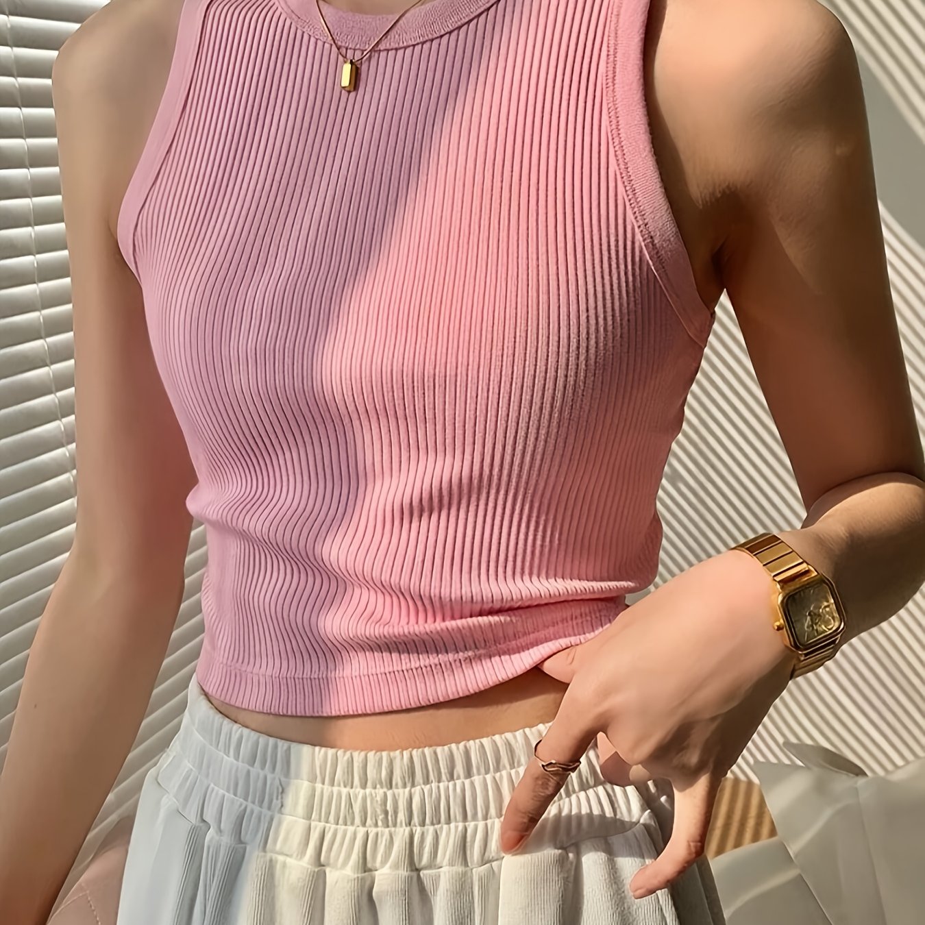 Women's Elegant Casual Ribbed Tank Top - Sleeveless Boat Neck Summer Top with Moderate Stretch, Solid Color Versatile Wear for Casual or Formal Outfits, Ladies Tank Tops, Warm Weather Outfit, Ribbed Texture, Stretchy Fabric, Stylish Ladies