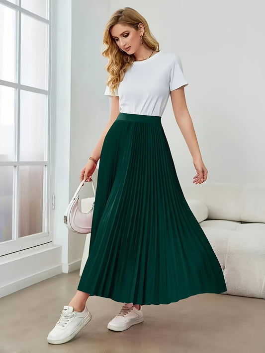 Women's Elegant High-Waisted Pleated Midi Skirt - Non-Stretch Machine-Washable All-Season Versatile Solid Color Smooth Texture for Casual & Formal Outfits, Cute Skirts, Nonelastic Fabric