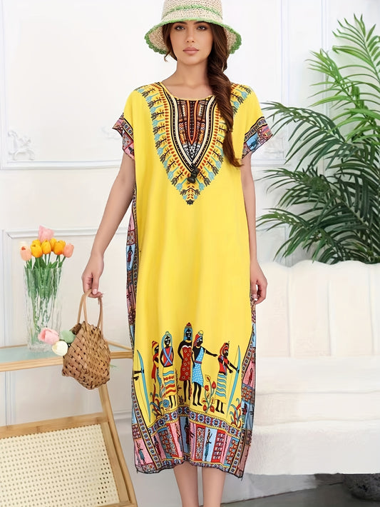 Ethnic Style Dress Summer New Bohemian Style Vacation Batwing Sleeve Dress Loose Beach Dress
