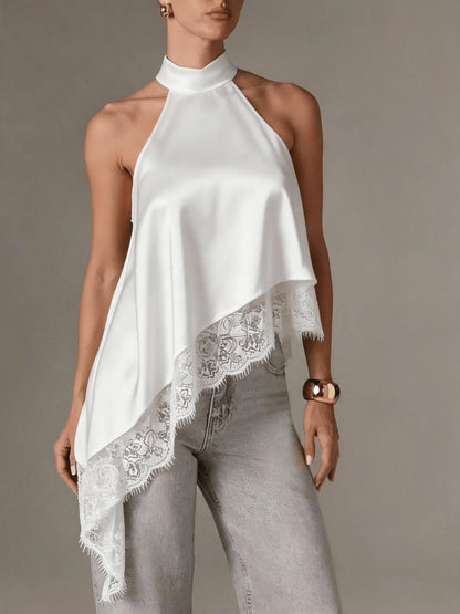 Irregular Patchwork Lace Neckline Halter Top, Women's Elegant Vest
