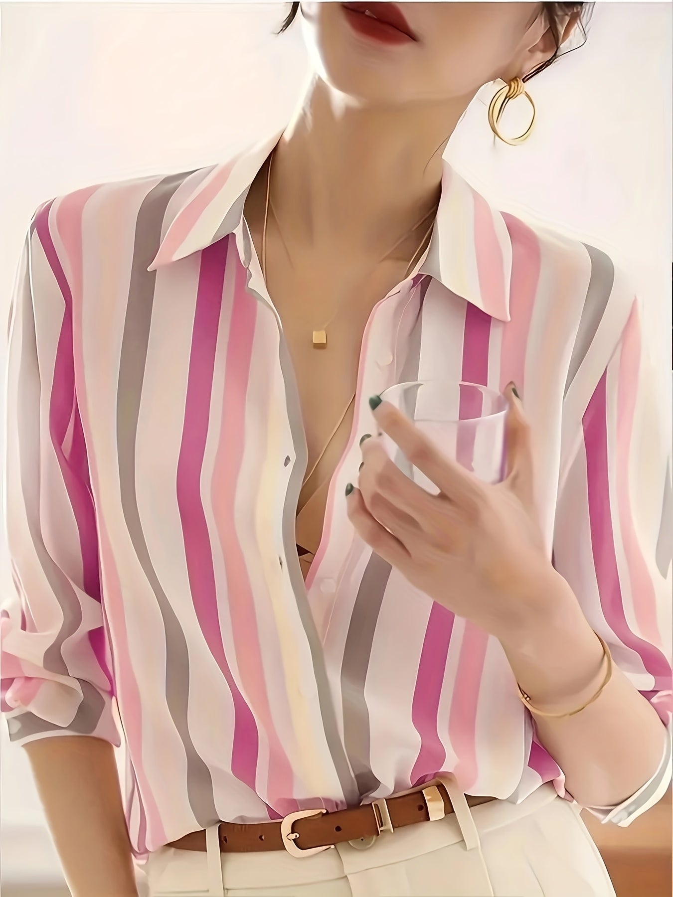 Women'S Casual Striped Shirt, Button-Up Design, Made Of, Suitable for Spring, Summer, And Autumn Casual Or Formal Wear | Classic Lapel Fashion Button-Up, Elegant Women'S Shirt, Beautiful Women'S Shirt, Autumn Women'S Top Trend, Women'S Clothing