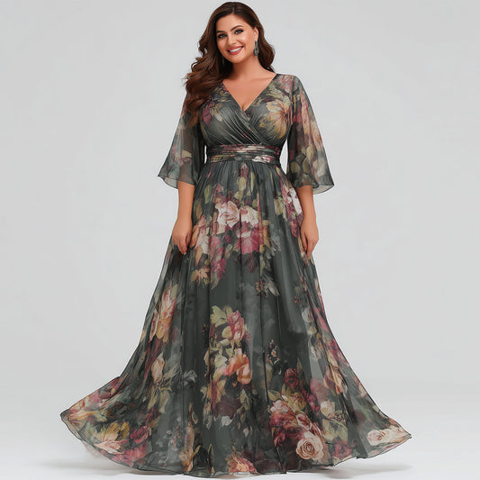 Flycurvy Plus Size Wedding Guest Dusty Green Chiffon Floral Print Wrap Flutter Sleeve Maxi Dress