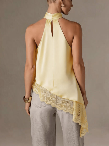 Irregular Patchwork Lace Neckline Halter Top, Women's Elegant Vest