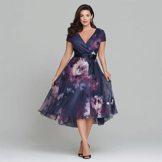 Flycurvy Plus Size Wedding Guest Navy Blue Organza Floral Print Wrap Midi Dress With Belt