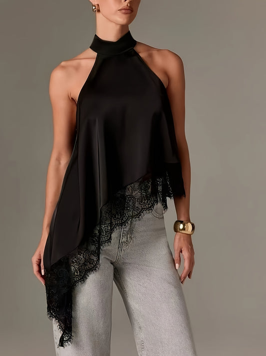 Irregular Patchwork Lace Neckline Halter Top, Women's Elegant Vest