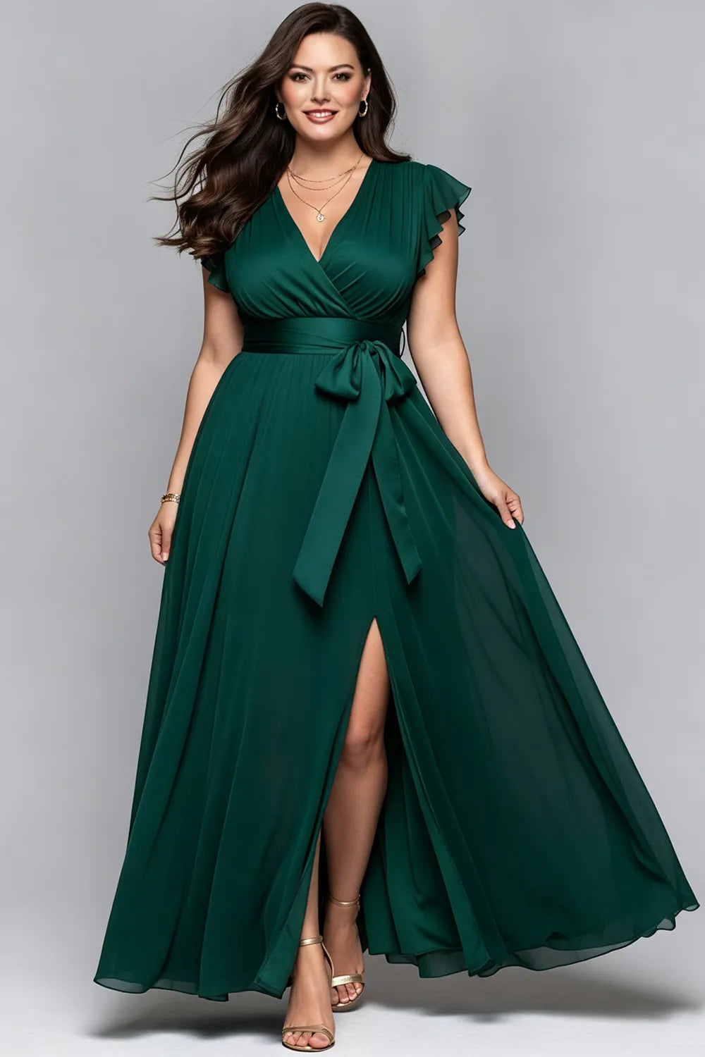 Flycurvy Plus Size Wedding Guest Dark Green Chiffon Ruffle Sleeve Slit Hem Maxi Dress With Belt