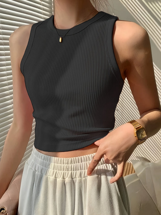 Women's Elegant Casual Ribbed Tank Top - Sleeveless Boat Neck Summer Top with Moderate Stretch, Solid Color Versatile Wear for Casual or Formal Outfits, Ladies Tank Tops, Warm Weather Outfit, Ribbed Texture, Stretchy Fabric, Stylish Ladies