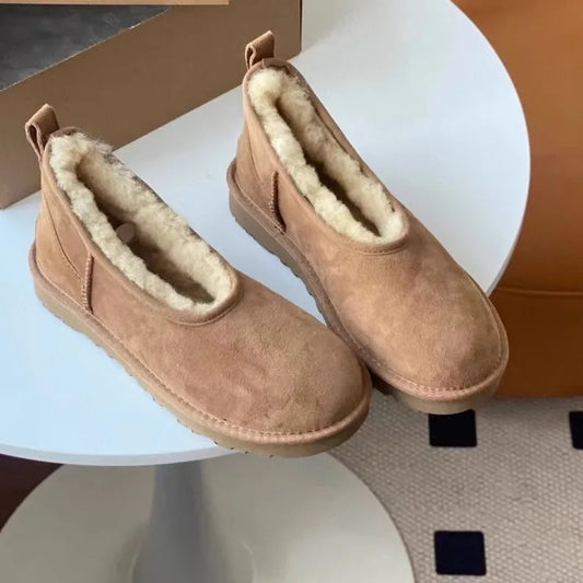 Comfortable Slippers for Women with Faux Shearling Collar Suede Look Low Cut Pull On Style
