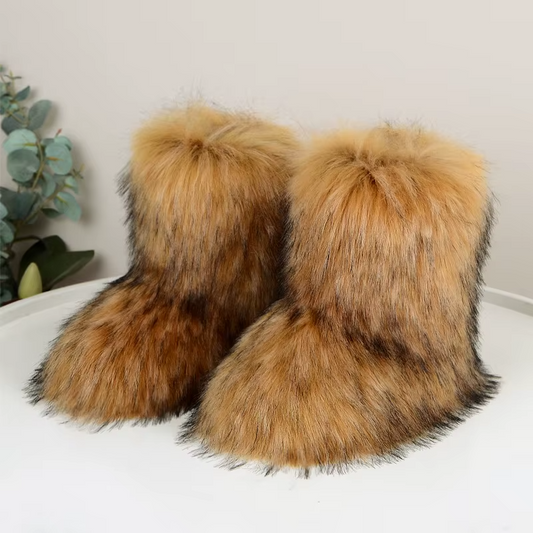 Comfortable Winter Shoes Women with Faux Fur Shaft Pull On Flat Sole Fluffy Boot Style