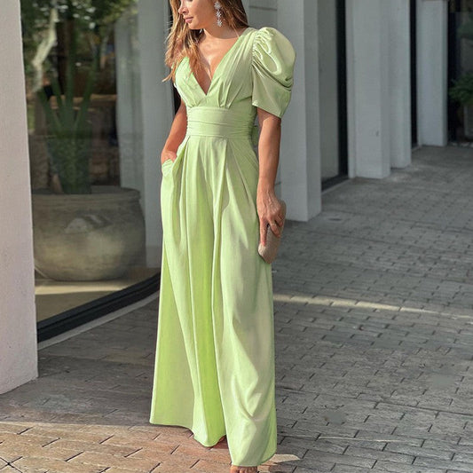Marigold | Women's V-Neck Puff Sleeve Wide Leg Jumpsuit