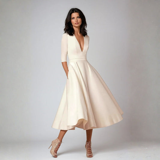 Marisol | Women's Deep V-Neck Fit and Flare Midi Dress