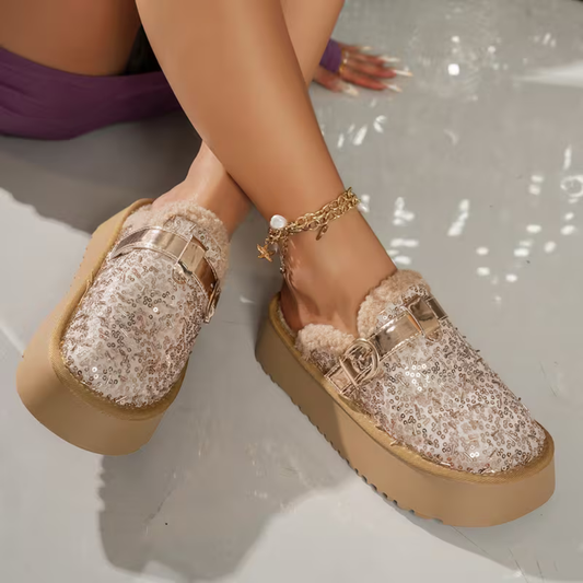Stylish Gold Mules for Women with Glitter Buckle Strap Closed Toe Platform Slip On Style