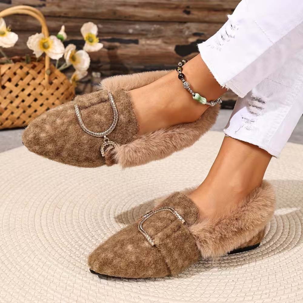 Comfortable House Shoes for Women with Faux Fur Trim Buckle Detail Round Toe Slip On Style