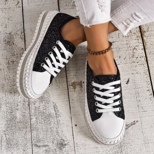 Comfortable Trainers for Women with Glitter Panel Lace Up Platform Sole Low Top Style