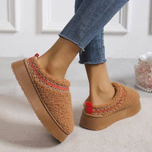 Comfortable Platform Slippers for Women with Teddy Fleece Upper Contrast Trim Slip On House Shoes