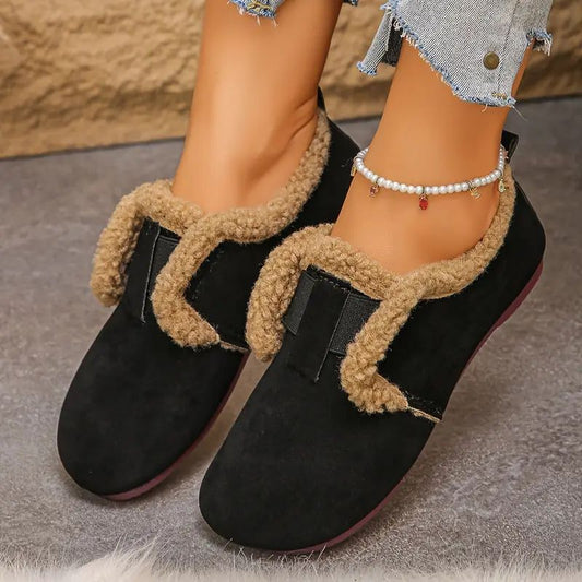 Comfortable Winter Shoes for Women with Faux Fur Strap Detail Cushioned Slip On Flat Style