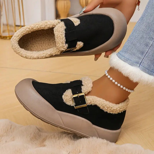 Comfortable Mary Jane Shoes for Women with Faux Fur Trim Buckle Strap Platform Slip On Style