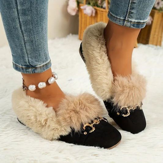 Comfortable Slippers for Women with Faux Fur Trim Chain Detail Suede Look Mule Style