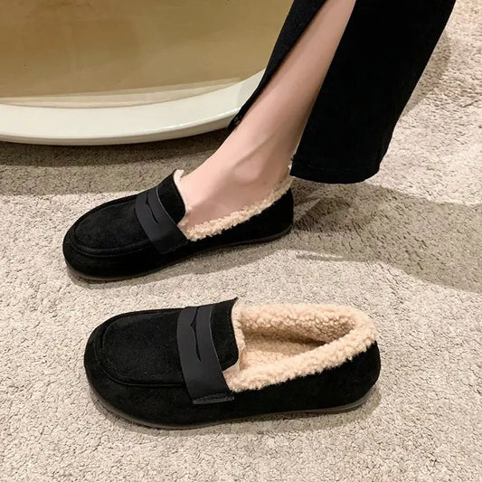Comfortable House Shoes for Women with Faux Fur Lining Round Toe Suede Loafer Slip On Style
