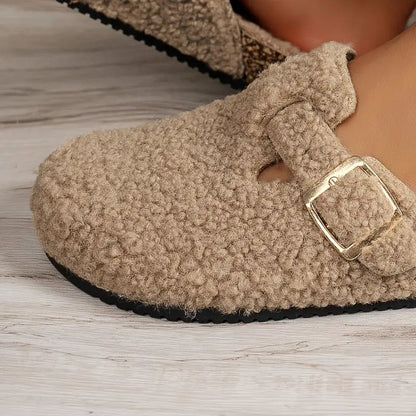Comfortable Clogs for Women with Teddy Fleece Upper Buckle Strap Backless Slip On House Shoes
