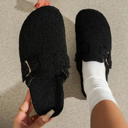 Comfortable Clogs for Women with Teddy Fleece Upper Buckle Strap Backless Slip On House Shoes