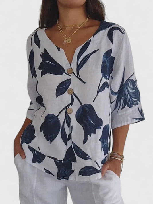 Opaline | Women's Floral Print V-Neck 3/4 Sleeve Blouse