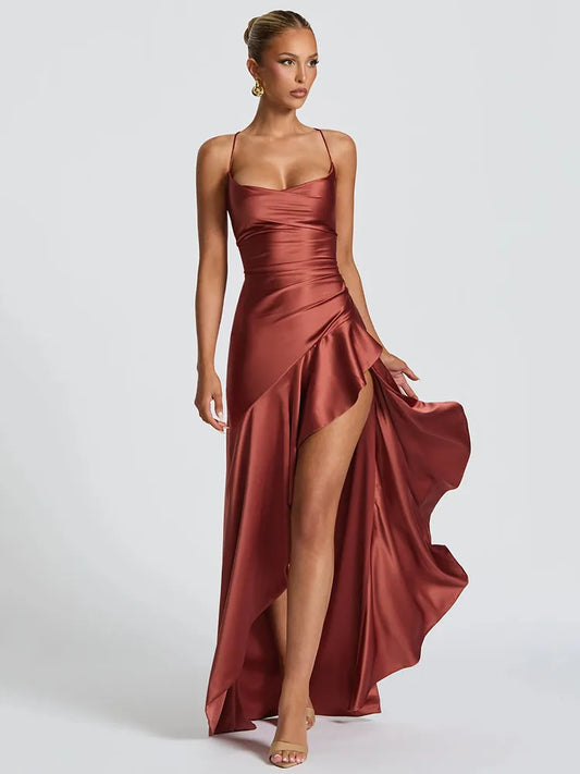 Renata | Women's Spaghetti Strap Ruched High Slit Maxi Dress