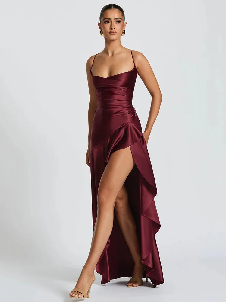 Renata | Women's Spaghetti Strap Ruched High Slit Maxi Dress