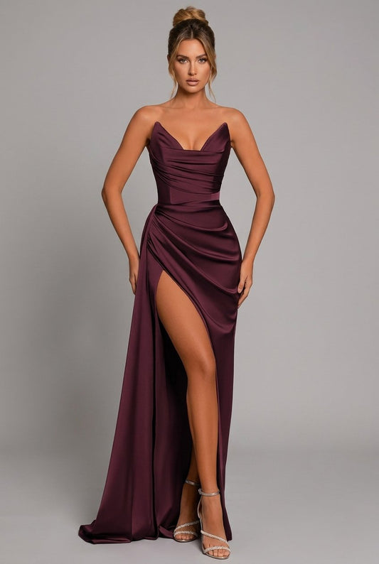 Elegant Satin Maxi Dress for Formal Wedding Guest Style with Strapless Ruched Bodice
