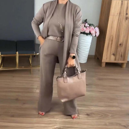 Women's Three-Piece Set | Longline Cardigan Straight Pants