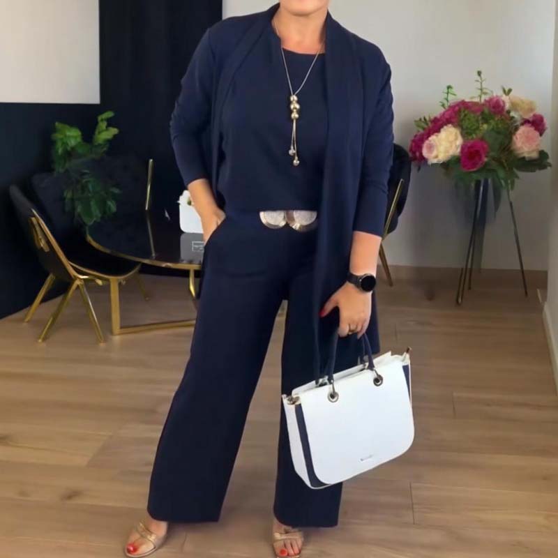Women's Three-Piece Set | Longline Cardigan Straight Pants