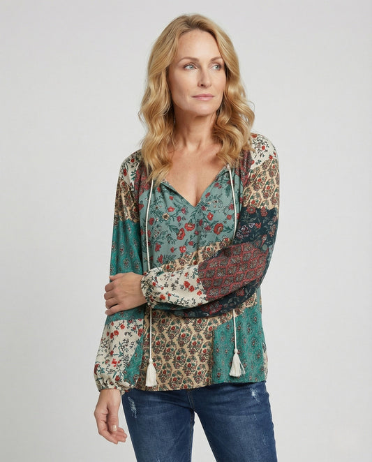 Tierney | Women's Boho Patchwork Long Sleeve Blouse