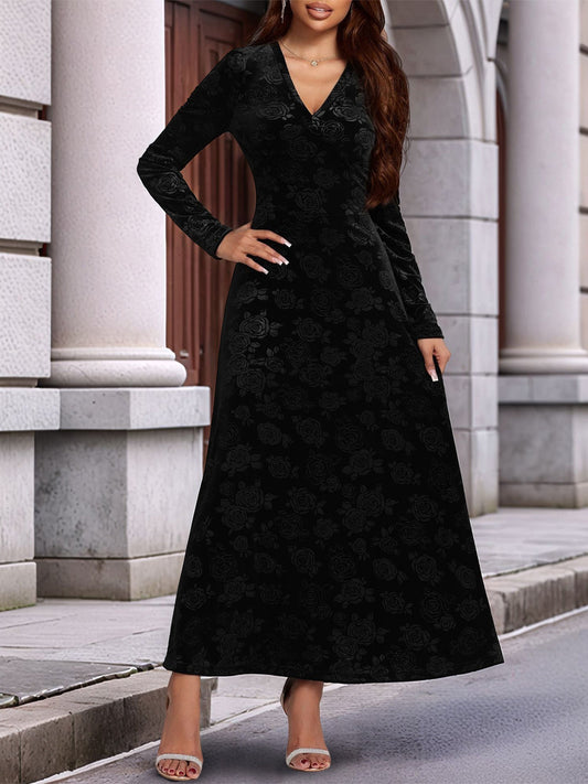 Elegant Black Velvet Maxi Dress for Women with V Neck Long Sleeve Flowing Autumn Wedding Guest Style