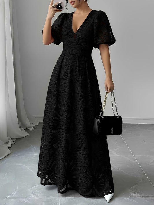 Elegant Black Tie Dress for Women with Lace V Neck Puff Sleeve Maxi