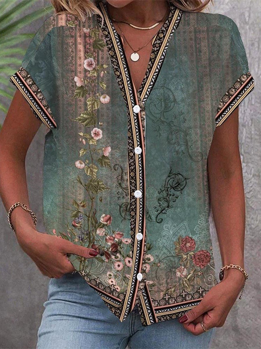 Victoria | Women's Boho Floral Print V-Neck Button-Front Short Sleeve Blouse